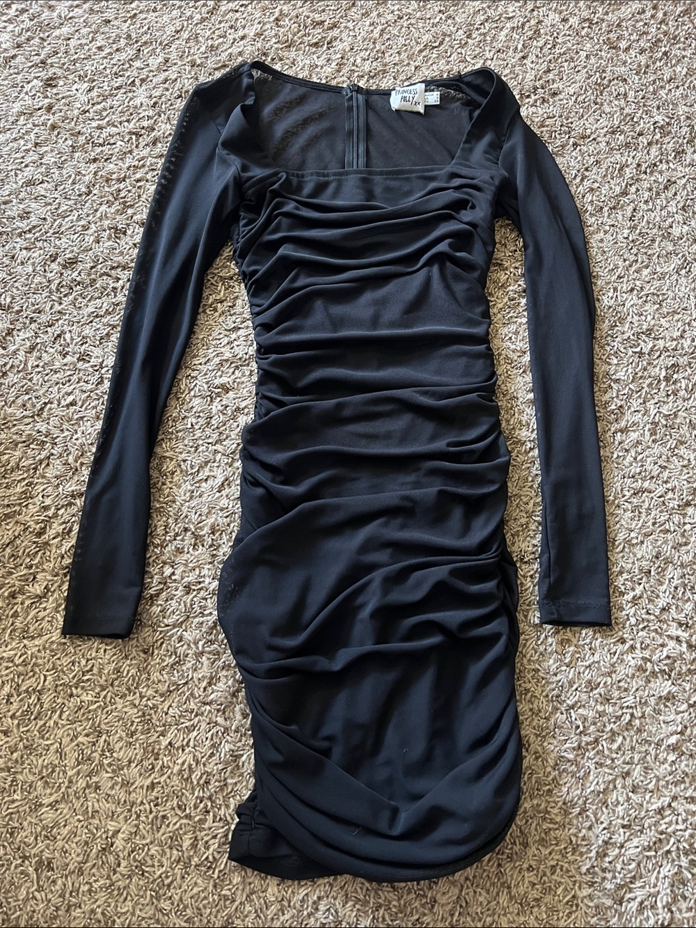 Princess Polly Black Long Mesh Sleeve Ruched Bodycon Mini Dress